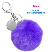 Personalized Custom Photo Laser Engraving Cute Faux Fur Ball Pom Pom Universal Car Key Fob Holder Metal Keychain Lobster Clasp- Purple