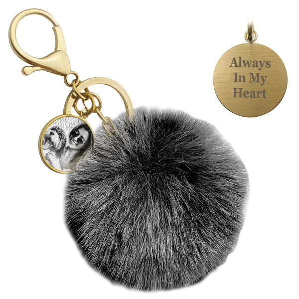 Personalized Custom Photo Laser Engraving Message Text Cute Faux Fur Ball Pom Pom Pendant Charm Universal Car Key Fob Holder Gold Tone Metal Keychain Lobster Clasp- Black