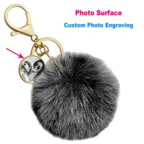 Personalized Custom Photo Laser Engraving Message Text Cute Faux Fur Ball Pom Pom Pendant Charm Universal Car Key Fob Holder Gold Tone Metal Keychain Lobster Clasp- Black