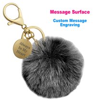 Personalized Custom Photo Laser Engraving Message Text Cute Faux Fur Ball Pom Pom Pendant Charm Universal Car Key Fob Holder Gold Tone Metal Keychain Lobster Clasp- Black