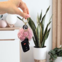 Personalized Custom Photo Laser Engraving Message Text Cute Faux Fur Ball Pom Pom Pendant Charm Universal Car Key Fob Holder Gold Tone Metal Keychain Lobster Clasp- Black