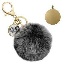 Personalized Custom Photo Laser Engraving Cute Faux Fur Ball Pom Pom Universal Car Key Fob Holder Gold Tone Metal Keychain Lobster Clasp- Black
