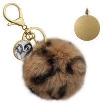 Personalized Custom Photo Laser Engraving Cute Faux Fur Ball Pom Pom Universal Car Key Fob Holder Gold Tone Metal Keychain Lobster Clasp- Leopard