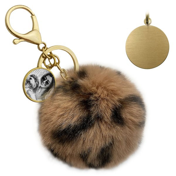 Personalized Custom Photo Laser Engraving Cute Faux Fur Ball Pom Pom Universal Car Key Fob Holder Gold Tone Metal Keychain Lobster Clasp- Leopard