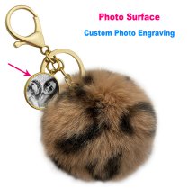 Personalized Custom Photo Laser Engraving Cute Faux Fur Ball Pom Pom Universal Car Key Fob Holder Gold Tone Metal Keychain Lobster Clasp- Leopard
