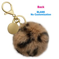 Personalized Custom Photo Laser Engraving Cute Faux Fur Ball Pom Pom Universal Car Key Fob Holder Gold Tone Metal Keychain Lobster Clasp- Leopard