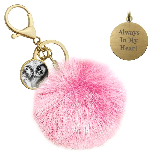 Personalized Custom Photo Laser Engraving Message Text Cute Faux Fur Ball Pom Pom Pendant Charm Universal Car Key Fob Holder Gold Tone Metal Keychain Lobster Clasp- Pink