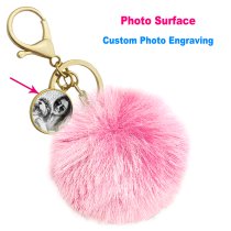 Personalized Custom Photo Laser Engraving Message Text Cute Faux Fur Ball Pom Pom Pendant Charm Universal Car Key Fob Holder Gold Tone Metal Keychain Lobster Clasp- Pink