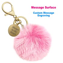 Personalized Custom Photo Laser Engraving Message Text Cute Faux Fur Ball Pom Pom Pendant Charm Universal Car Key Fob Holder Gold Tone Metal Keychain Lobster Clasp- Pink