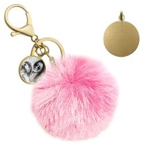 Personalized Custom Photo Laser Engraving Cute Faux Fur Ball Pom Pom Universal Car Key Fob Holder Gold Tone Metal Keychain Lobster Clasp- Pink