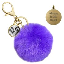 Personalized Custom Photo Laser Engraving Message Text Cute Faux Fur Ball Pom Pom Pendant Charm Universal Car Key Fob Holder Gold Tone Metal Keychain Lobster Clasp- Purple