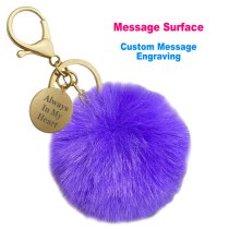 Personalized Custom Photo Laser Engraving Message Text Cute Faux Fur Ball Pom Pom Pendant Charm Universal Car Key Fob Holder Gold Tone Metal Keychain Lobster Clasp- Purple