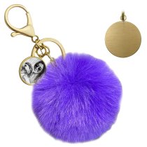 Personalized Custom Photo Laser Engraving Cute Faux Fur Ball Pom Pom Universal Car Key Fob Holder Gold Tone Metal Keychain Lobster Clasp- Purple