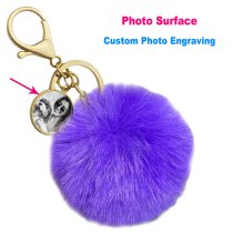 Personalized Custom Photo Laser Engraving Cute Faux Fur Ball Pom Pom Universal Car Key Fob Holder Gold Tone Metal Keychain Lobster Clasp- Purple
