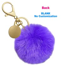 Personalized Custom Photo Laser Engraving Cute Faux Fur Ball Pom Pom Universal Car Key Fob Holder Gold Tone Metal Keychain Lobster Clasp- Purple