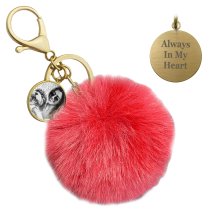 Personalized Custom Photo Laser Engraving Message Text Cute Faux Fur Ball Pom Pom Pendant Charm Universal Car Key Fob Holder Gold Tone Metal Keychain Lobster Clasp- Red