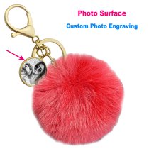 Personalized Custom Photo Laser Engraving Message Text Cute Faux Fur Ball Pom Pom Pendant Charm Universal Car Key Fob Holder Gold Tone Metal Keychain Lobster Clasp- Red