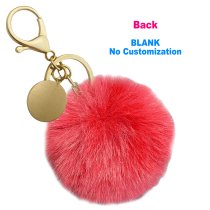 Personalized Custom Photo Laser Engraving Message Text Cute Faux Fur Ball Pom Pom Pendant Charm Universal Car Key Fob Holder Gold Tone Metal Keychain Lobster Clasp- Red
