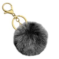 Cute Faux Fur Ball Pom Pom Universal Car Key Fob Holder Gold Tone Metal Keychain Lobster Clasp- Black