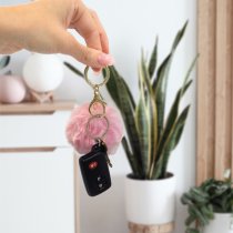 Cute Faux Fur Ball Pom Pom Universal Car Key Fob Holder Gold Tone Metal Keychain Lobster Clasp- Black