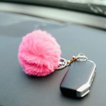 Cute Faux Fur Ball Pom Pom Universal Car Key Fob Holder Gold Tone Metal Keychain Lobster Clasp- Black