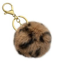 Cute Faux Fur Ball Pom Pom Universal Car Key Fob Holder Gold Tone Metal Keychain Lobster Clasp- Leopard