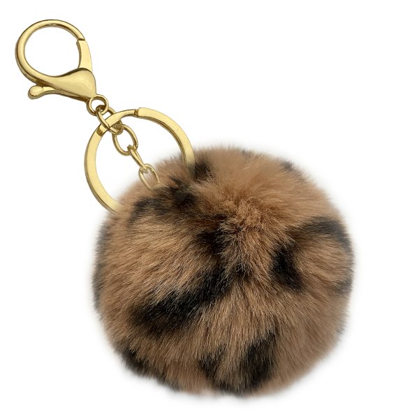 Cute Faux Fur Ball Pom Pom Universal Car Key Fob Holder Gold Tone Metal Keychain Lobster Clasp- Leopard