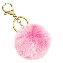 Cute Faux Fur Ball Pom Pom Universal Car Key Fob Holder Gold Tone Metal Keychain Lobster Clasp- Pink