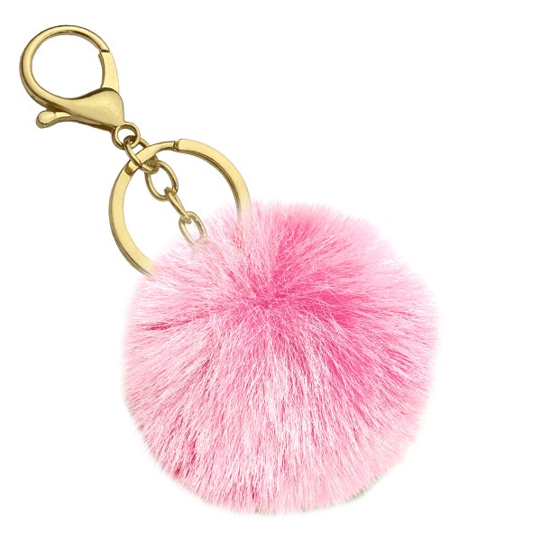 Cute Faux Fur Ball Pom Pom Universal Car Key Fob Holder Gold Tone Metal Keychain Lobster Clasp- Pink