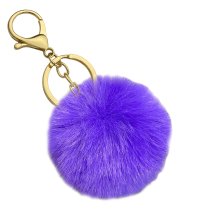 Cute Faux Fur Ball Pom Pom Universal Car Key Fob Holder Gold Tone Metal Keychain Lobster Clasp- Purple