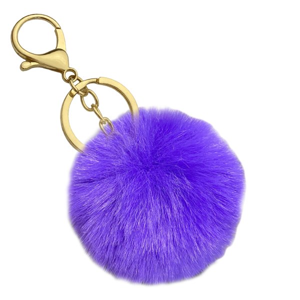 Cute Faux Fur Ball Pom Pom Universal Car Key Fob Holder Gold Tone Metal Keychain Lobster Clasp- Purple