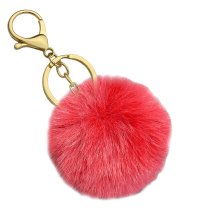 Cute Faux Fur Ball Pom Pom Universal Car Key Fob Holder Gold Tone Metal Keychain Lobster Clasp- Red