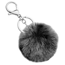 Cute Faux Fur Ball Pom Pom Universal Car Key Fob Holder Metal Keychain Lobster Clasp- Black