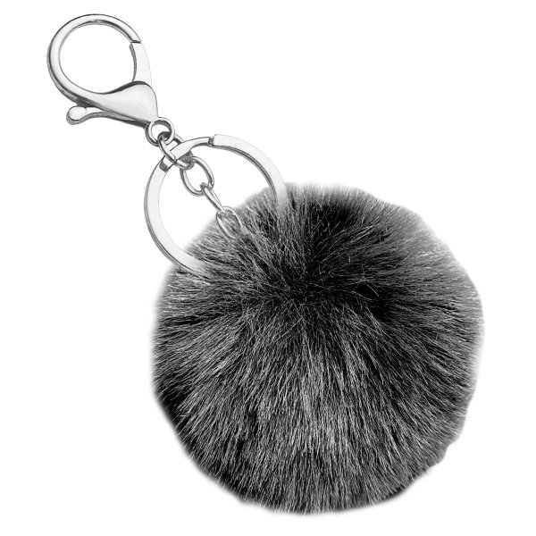 Cute Faux Fur Ball Pom Pom Universal Car Key Fob Holder Metal Keychain Lobster Clasp- Black