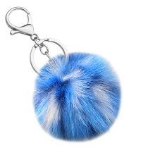 Cute Faux Fur Ball Pom Pom Universal Car Key Fob Holder Metal Keychain Lobster Clasp- Blue