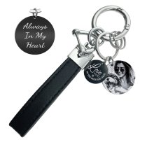 Qina C. Personalize Custom Photo Laser Engraving Message Genuine Leather Metal Universal Car Key Fob Holder 360 Rotatable with Anti-lost D-ring Horseshoe Buckle Keychain Keyrings- Black