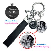 Qina C. Personalize Custom Photo Laser Engraving Message Genuine Leather Metal Universal Car Key Fob Holder 360 Rotatable with Anti-lost D-ring Horseshoe Buckle Keychain Keyrings- Black