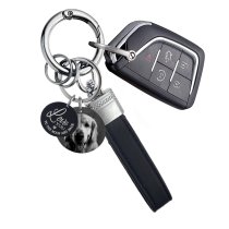 Qina C. Personalize Custom Photo Laser Engraving Message Genuine Leather Metal Universal Car Key Fob Holder 360 Rotatable with Anti-lost D-ring Horseshoe Buckle Keychain Keyrings- Black