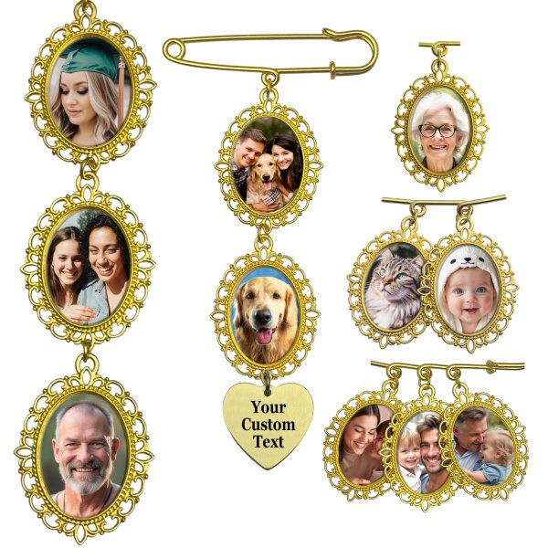 Custom Full Color Photo Printing Personalized Picture Frame Metal Charm Dangle Pendant Bouquet Pin Brooch Wedding Boutonniere
