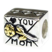 Sterling Silver Love You Mom Mother Heart Gold-tone Rose Flower Bead for European Charm Bracelets