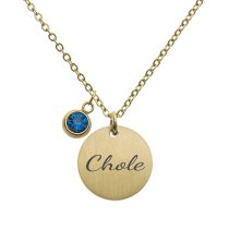 Personalized Custom Text Engraved Name Date Initial Letter 14k Ip Gold Stainless Steel Round Disc Charm 12 Months Birthstone Dangle Pendant Chain Necklace 21 in + 3 in
