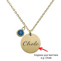 Personalized Custom Text Engraved Name Date Initial Letter 14k Ip Gold Stainless Steel Round Disc Charm 12 Months Birthstone Dangle Pendant Chain Necklace 21 in + 3 in