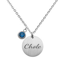 Personalized Custom Text Engraved Name Date Initial Letter Stainless Steel Round Disc Charm 12 Months Birthstone Dangle Pendant Chain Necklace 18.5 in + 2.5 in