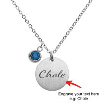 Personalized Custom Text Engraved Name Date Initial Letter Stainless Steel Round Disc Charm 12 Months Birthstone Dangle Pendant Chain Necklace 18.5 in + 2.5 in