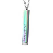 Queenberry Personalized Custom Text Laser Engraving Name Date Initial Rainbow Color on Stainless Steel Bar Dangle Hidden Pendant Chain Necklace Gift F/boyfriend Girlfriend Birthday Anniversary Valentines Day