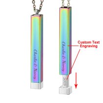 Queenberry Personalized Custom Text Laser Engraving Name Date Initial Rainbow Color on Stainless Steel Bar Dangle Hidden Pendant Chain Necklace Gift F/boyfriend Girlfriend Birthday Anniversary Valentines Day