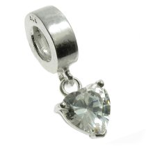 Sterling Silver Love Heart Clear CZ Dangle Bead Charm Birthstone April for Pandora Troll Biagi Chamilia European Charm Bracelets