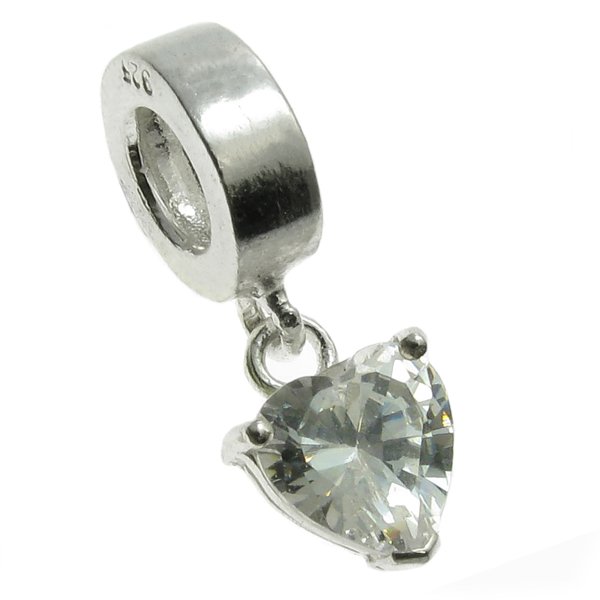 Sterling Silver Love Heart Clear CZ Dangle Bead Charm Birthstone April for Pandora Troll Biagi Chamilia European Charm Bracelets