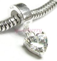 Sterling Silver Love Heart Clear CZ Dangle Bead Charm Birthstone April for Pandora Troll Biagi Chamilia European Charm Bracelets