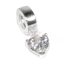 Sterling Silver Love Heart Clear CZ Dangle Bead Charm Birthstone April for Pandora Troll Biagi Chamilia European Charm Bracelets